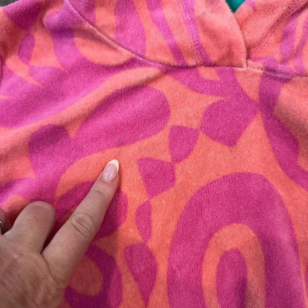Mini Boden Girls Pink Orange Floral Terry Cloth Hooded Beach Cover Up Dress 7-8Y
